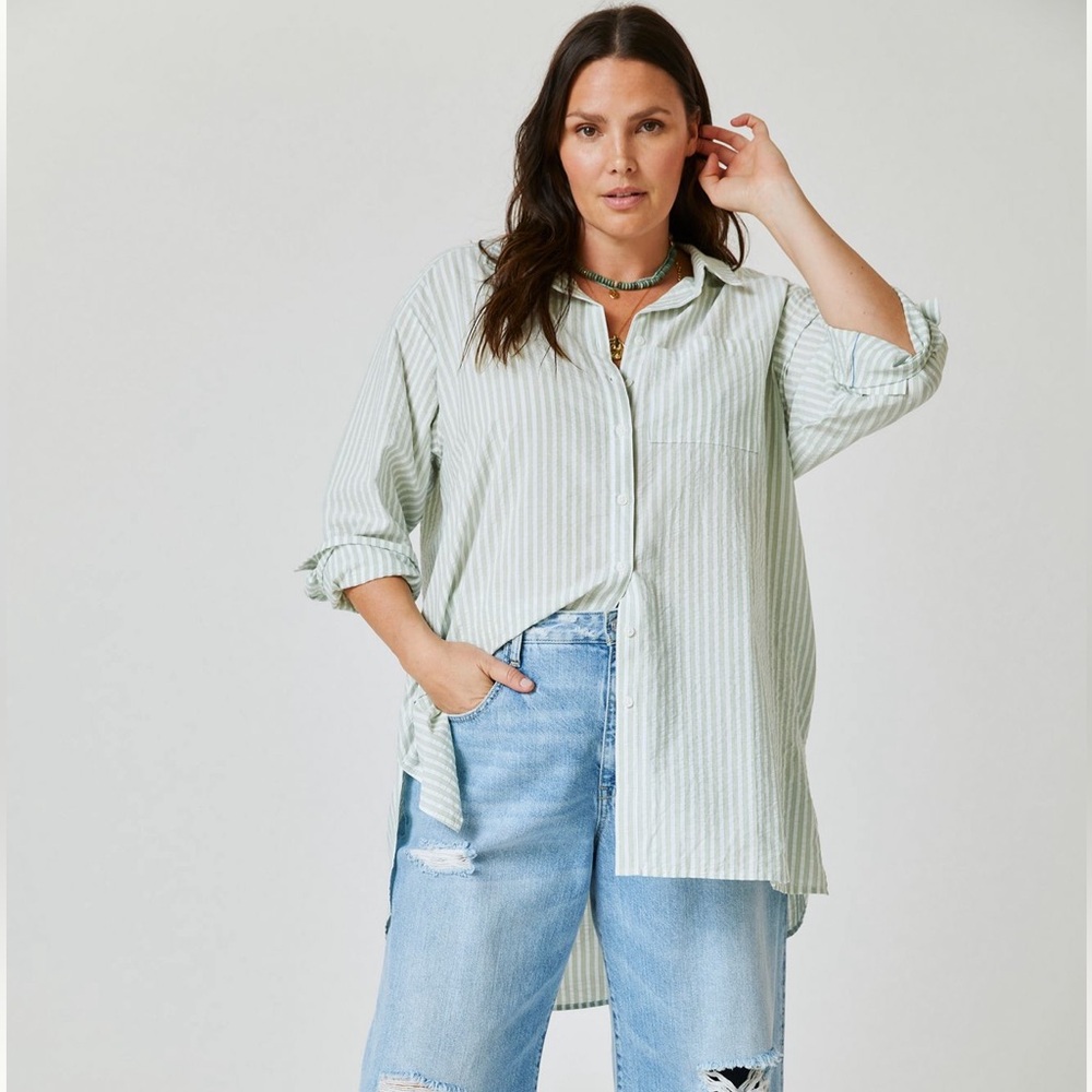 Anthropologie Green Striped Button Up Tunic